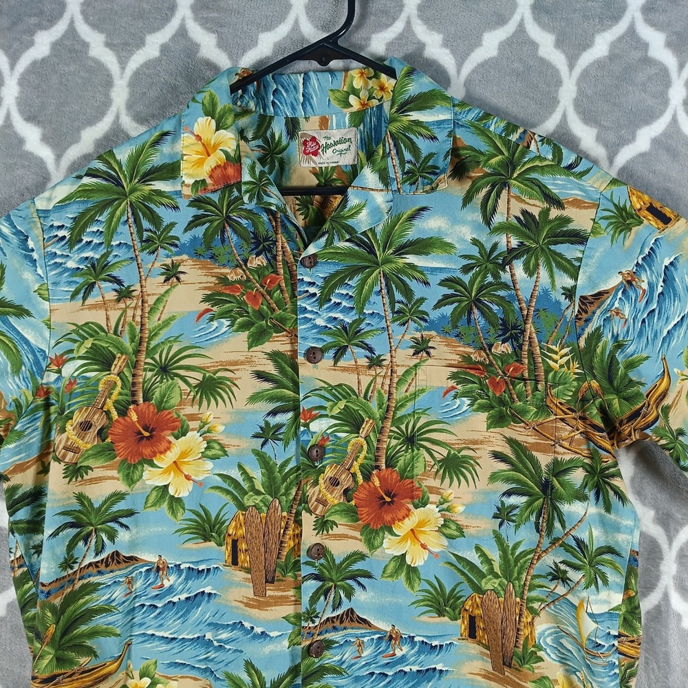Hilo Hattie Hawaiian Shirt Men L Blue Green Tiki Palm Tree Ukulele Surfer Aloha